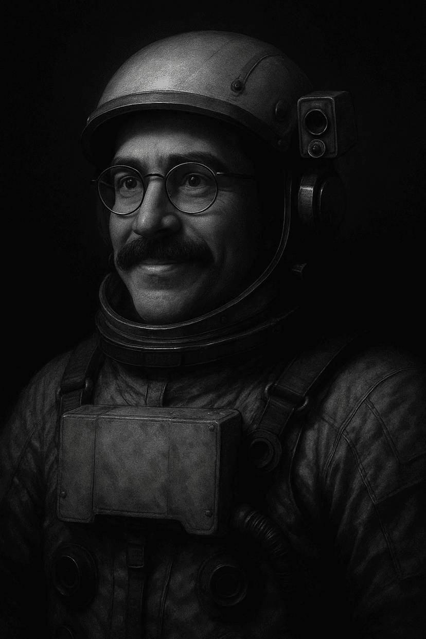 Antoine Moevus in an astronaut suit. B&W.